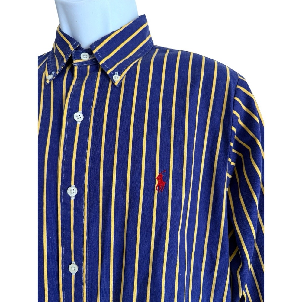 Ralph Lauren Men Shirt L Oxford Shirt Blue Yellow Striped Button Red Pony - Picture 1 of 8